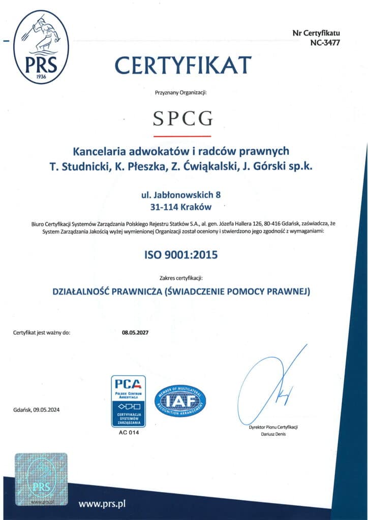 Certyfikat ISO 9001:2015 dla kancelarii prawnej SPCG